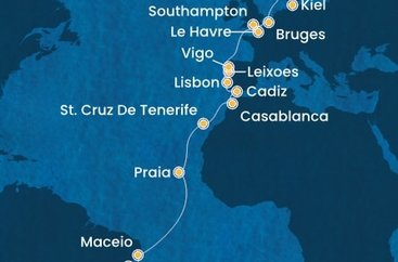Brazílie, Kapverdy, Španělsko, Maroko, Portugalsko, Francie, Velká Británie, Belgie, Německo ze Salvadoru na lodi Costa Diadema
