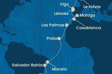 Brazílie, Kapverdy, Španělsko, Maroko, Portugalsko, Francie, Velká Británie ze Santosu na lodi Costa Diadema
