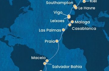 Brazílie, Kapverdy, Španělsko, Maroko, Portugalsko, Francie, Velká Británie, Dánsko, Německo ze Santosu na lodi Costa Diadema