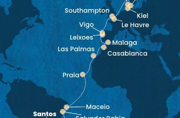 Brazílie, Kapverdy, Španělsko, Maroko, Portugalsko, Francie, Velká Británie, Dánsko, Německo ze Santosu na lodi Costa Diadema