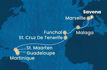 Itálie, Francie, Španělsko, Portugalsko, Svatý Martin, Martinik, Guadeloupe ze Savony na lodi Costa Fascinosa