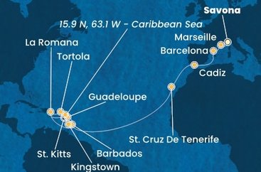 Itálie, Francie, Španělsko, Barbados, Dominikánská republika, Svatý Vincenc a Grenadiny, Guadeloupe, Svatý Kryštof a Nevis, Britské Panenské ostrovy ze Savony na lodi Costa Pacifica
