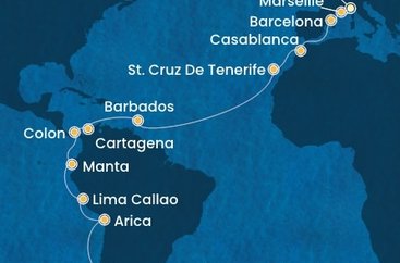 Itálie, Francie, Španělsko, Maroko, Barbados, Kolumbie, Panama, Ekvádor, Peru, Chile ze Savony na lodi Costa Deliziosa