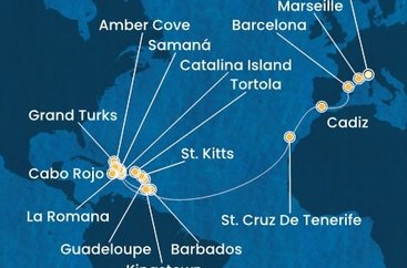 Itálie, Francie, Španělsko, Barbados, Dominikánská republika, Svatý Vincenc a Grenadiny, Guadeloupe, Svatý Kryštof a Nevis, Britské Panenské ostrovy, Zámořské území Velké Británie ze Savony na lodi Costa Pacifica