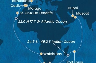 Itálie, Francie, Španělsko, Namibie, Jihoafrická republika, , Mauricius, Omán, Spojené arabské emiráty ze Savony na lodi Costa Toscana