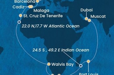 Itálie, Francie, Španělsko, Namibie, Jihoafrická republika, Mauricius, Omán, Spojené arabské emiráty ze Savony na lodi Costa Smeralda