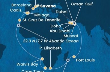 Itálie, Francie, Španělsko, Namibie, Jihoafrická republika, , Mauricius, Omán, Spojené arabské emiráty, Katar ze Savony na lodi Costa Toscana