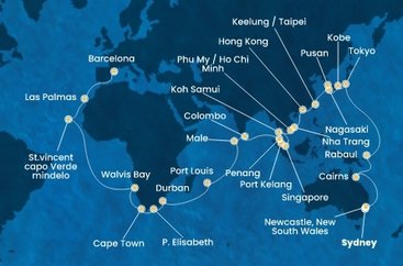 Austrálie, Papua Nová Guinea, Japonsko, Jižní Korea, Tchaj-wan, Čína, Vietnam, Thajsko, Singapur, Malajsie, Srí Lanka, Maledivy, Mauricius, Jihoafrická republika, Namibie, Kapverdy, Španělsko ze Sydney na lodi Costa Deliziosa