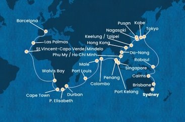 Austrálie, Papua Nová Guinea, Japonsko, Jižní Korea, Tchaj-wan, Čína, Vietnam, Singapur, Malajsie, Srí Lanka, Maledivy, Mauricius, Jihoafrická republika, Namibie, Kapverdy, Španělsko ze Sydney na lodi Costa Deliziosa