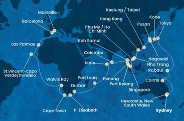 Austrálie, Papua Nová Guinea, Japonsko, Jižní Korea, Tchaj-wan, Čína, Vietnam, Thajsko, Singapur, Malajsie, Srí Lanka, Maledivy, Mauricius, Jihoafrická republika, Namibie, Kapverdy, Španělsko, Francie ze Sydney na lodi Costa Deliziosa