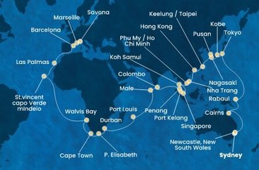 Austrálie, Papua Nová Guinea, Japonsko, Jižní Korea, Tchaj-wan, Čína, Vietnam, Thajsko, Singapur, Malajsie, Srí Lanka, Maledivy, Mauricius, Jihoafrická republika, Namibie, Kapverdy, Španělsko, Francie, Itálie ze Sydney na lodi Costa Deliziosa