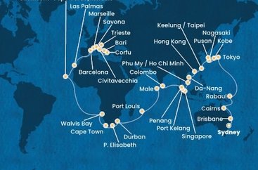 Austrálie, Papua Nová Guinea, Japonsko, Jižní Korea, Tchaj-wan, Čína, Vietnam, Singapur, Malajsie, Srí Lanka, Maledivy, Mauricius, Jihoafrická republika, Namibie, Kapverdy, Španělsko, Francie, Itálie, Řecko ze Sydney na lodi Costa Deliziosa