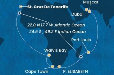 Španělsko, Namibie, Jihoafrická republika, Mauricius, Omán, Spojené arabské emiráty z Tenerife na lodi Costa Smeralda