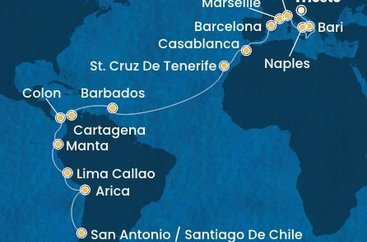 Itálie, Francie, Španělsko, Maroko, Barbados, Kolumbie, Panama, Ekvádor, Peru, Chile na lodi Costa Deliziosa