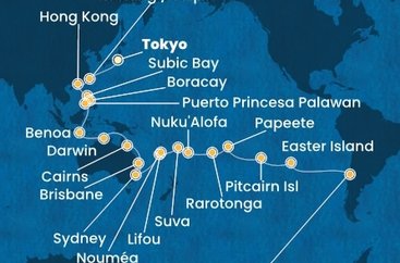 Japonsko, Tchaj-wan, Čína, Filipíny, Indonésie, Austrálie, Nová Kaledonie, Fidži, Tonga, Cookovy ostrovy, Francouzská Polynésie, Zámořské území Velké Británie, Chile z Tokia na lodi Costa Serena