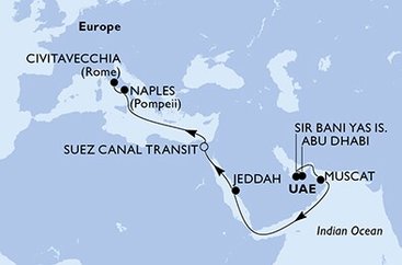 Spojené arabské emiráty, Omán, Saúdská Arábie, Egypt, Itálie z Abu Dhabi na lodi MSC World Europa