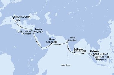 Singapur, Malajsie, Srí Lanka, Indie, Omán, Jordánsko, Egypt, Itálie ze Singapuru na lodi MSC Magnifica