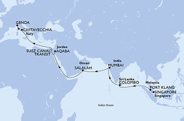 Singapur, Malajsie, Srí Lanka, Indie, Omán, Jordánsko, Egypt, Itálie ze Singapuru na lodi MSC Magnifica