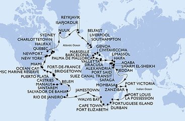 Itálie, Francie, Španělsko, Malta, Kypr, Izrael, z Port Saidu, Egypt, Jordánsko, Saúdská Arábie, Keňa, Tanzánie, Seychely, Mauricius, Reunion, Mosambik, Jihoafrická republika, Namibie, Zámořské území Velké Británie, Brazílie, Svatá Lucie, Barbados, Martinik, Dominikánská republika, Bahamy, USA, USA - Východní pobřeží, Kanada, Autonomní oblast Dánska, Island, Velká Británie z Civitavecchia na lodi MSC Poesia