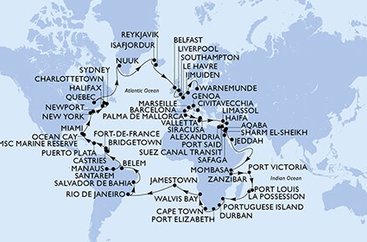 Itálie, Francie, Španělsko, Malta, Kypr, Izrael, z Port Saidu, Egypt, Jordánsko, Saúdská Arábie, Keňa, Tanzánie, Seychely, Mauricius, Reunion, Mosambik, Jihoafrická republika, Namibie, Zámořské území Velké Británie, Brazílie, Svatá Lucie, Barbados, Martinik, Dominikánská republika, Bahamy, USA, USA - Východní pobřeží, Kanada, Autonomní oblast Dánska, Island, Velká Británie, Nizozemsko, Německo z Civitavecchia na lodi MSC Poesia