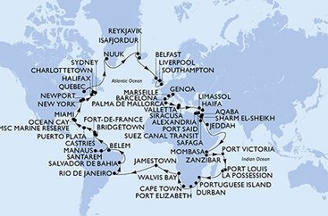 Itálie, Francie, Španělsko, Malta, Kypr, Izrael, z Port Saidu, Egypt, Jordánsko, Saúdská Arábie, Keňa, Tanzánie, Seychely, Mauricius, Reunion, Mosambik, Jihoafrická republika, Namibie, Zámořské území Velké Británie, Brazílie, Svatá Lucie, Barbados, Martinik, Dominikánská republika, Bahamy, USA, USA - Východní pobřeží, Kanada, Autonomní oblast Dánska, Island, Velká Británie z Janova na lodi MSC Poesia