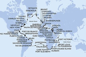 Itálie, Francie, Španělsko, Malta, Kypr, Izrael, z Port Saidu, Egypt, Jordánsko, Saúdská Arábie, Keňa, Tanzánie, Seychely, Mauricius, Reunion, Mosambik, Jihoafrická republika, Namibie, Zámořské území Velké Británie, Brazílie, Svatá Lucie, Barbados, Martinik, Dominikánská republika, Bahamy, USA, USA - Východní pobřeží, Kanada, Autonomní oblast Dánska, Island, Velká Británie, Nizozemsko, Německo z Janova na lodi MSC Poesia