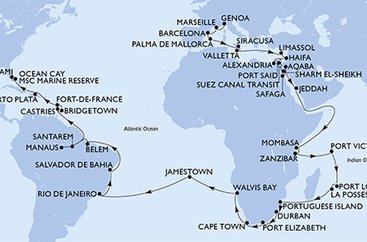 Itálie, Francie, Španělsko, Malta, Kypr, Izrael, z Port Saidu, Egypt, Jordánsko, Saúdská Arábie, Keňa, Tanzánie, Seychely, Mauricius, Reunion, Mosambik, Jihoafrická republika, Namibie, Zámořské území Velké Británie, Brazílie, Svatá Lucie, Barbados, Martinik, Dominikánská republika, Bahamy, USA z Janova na lodi MSC Poesia