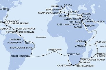 Itálie, Francie, Španělsko, Malta, Kypr, Izrael, z Port Saidu, Egypt, Jordánsko, Saúdská Arábie, Keňa, Tanzánie, Seychely, Mauricius, Reunion, Mosambik, Jihoafrická republika, Namibie, Zámořské území Velké Británie, Brazílie, Svatá Lucie, Barbados, Martinik, Dominikánská republika, Bahamy, USA, USA - Východní pobřeží z Janova na lodi MSC Poesia