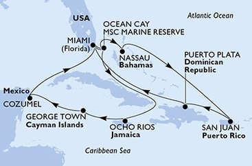 USA, Bahamy, Jamajka, Kajmanské ostrovy, Mexiko, Dominikánská republika z Miami na lodi MSC Seascape