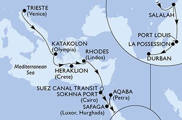 Itálie, Řecko, Egypt, Jordánsko, Omán, Mauricius, Reunion, Jihoafrická republika na lodi MSC Splendida