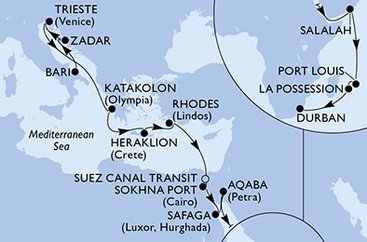 Itálie, Chorvatsko, Řecko, Egypt, Jordánsko, Omán, Mauricius, Reunion, Jihoafrická republika z Bari na lodi MSC Splendida