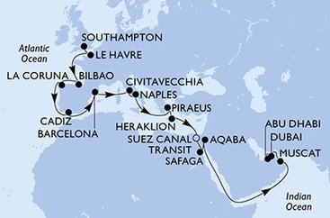 Velká Británie, Francie, Španělsko, Itálie, Řecko, Egypt, Jordánsko, Omán, Spojené arabské emiráty ze Southamptonu na lodi MSC Virtuosa