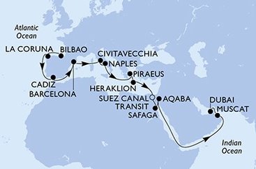 Španělsko, Itálie, Řecko, Egypt, Jordánsko, Omán, Spojené arabské emiráty na lodi MSC Virtuosa