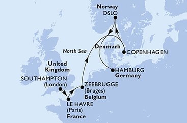 Velká Británie, Francie, Belgie, Dánsko, Norsko, Německo ze Southamptonu na lodi MSC Preziosa