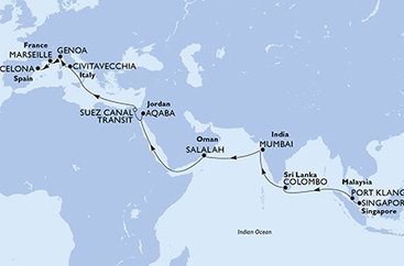 Singapur, Malajsie, Srí Lanka, Indie, Omán, Jordánsko, Egypt, Itálie, Francie, Španělsko ze Singapuru na lodi MSC Magnifica
