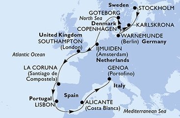 Švédsko, Dánsko, Německo, Nizozemsko, Velká Británie, Španělsko, Portugalsko, Itálie ze Stockholmu na lodi MSC Poesia