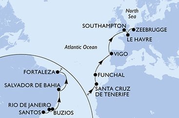 Brazílie, Španělsko, Portugalsko, Velká Británie, Francie, Belgie ze Santosu na lodi MSC Preziosa