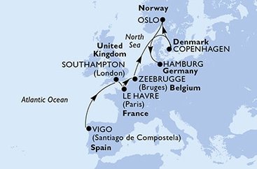 Španělsko, Velká Británie, Francie, Belgie, Dánsko, Norsko, Německo z Viga na lodi MSC Preziosa