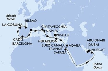 Španělsko, Itálie, Řecko, Egypt, Jordánsko, Omán, Spojené arabské emiráty na lodi MSC Virtuosa