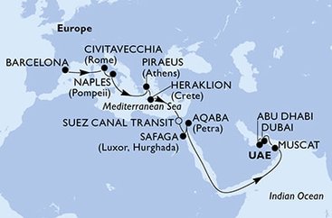 Španělsko, Itálie, Řecko, Egypt, Jordánsko, Omán, Spojené arabské emiráty z Barcelony na lodi MSC Virtuosa