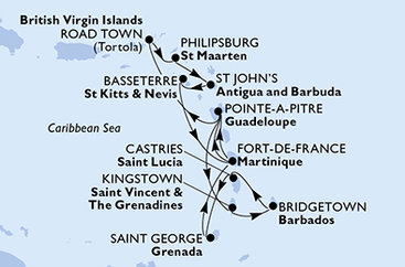 Martinik, Guadeloupe, Svatý Vincenc a Grenadiny, Barbados, Svatá Lucie, Grenada, Britské Panenské ostrovy, Svatý Martin, Antigua a Barbuda, Svatý Kryštof a Nevis z Fort-de-France, Martinik na lodi MSC Virtuosa