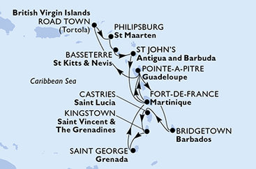 Martinik, Guadeloupe, Britské Panenské ostrovy, Svatý Martin, Svatý Kryštof a Nevis, Antigua a Barbuda, Barbados, Svatá Lucie, Svatý Vincenc a Grenadiny, Grenada z Fort-de-France, Martinik na lodi MSC Virtuosa