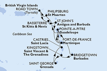 Martinik, Guadeloupe, Barbados, Svatý Vincenc a Grenadiny, Grenada, Svatá Lucie, Svatý Martin, Britské Panenské ostrovy, Svatý Kryštof a Nevis, Antigua a Barbuda z Fort-de-France, Martinik na lodi MSC Virtuosa