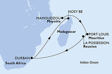 Jihoafrická republika, Madagaskar, Zámořský departement Francie, Mauricius, Reunion z Durbanu na lodi MSC Opera
