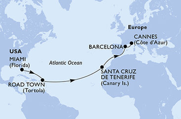 USA, Britské Panenské ostrovy, Španělsko, Francie z Miami na lodi MSC Divina