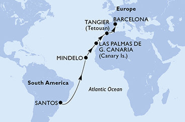 Brazílie, Kapverdy, Španělsko, Maroko ze Santosu na lodi MSC Armonia