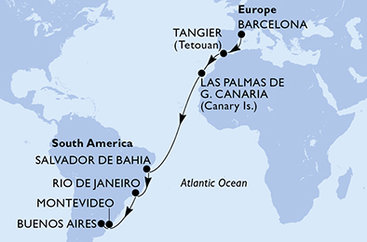 Španělsko, Maroko, Brazílie, Uruguay, Argentina z Barcelony na lodi MSC Fantasia