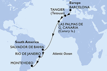 Španělsko, Maroko, Brazílie, Uruguay z Barcelony na lodi MSC Fantasia