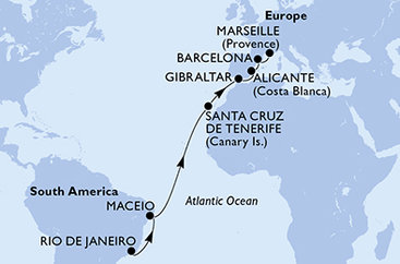 Brazílie, Tenerife, Velká Británie, Španělsko, Francie z Rio de Janeira na lodi MSC Seaview