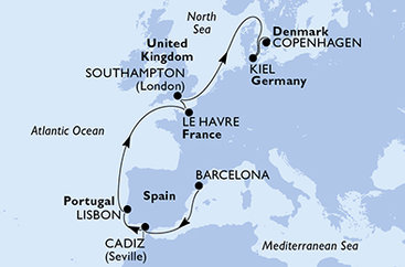 Španělsko, Portugalsko, Francie, Velká Británie, Německo, Dánsko z Barcelony na lodi MSC Euribia